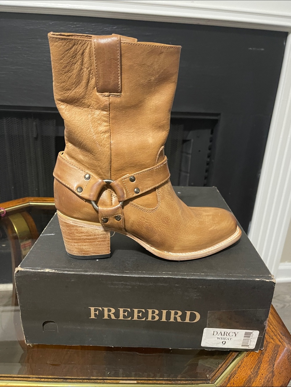 freebird Wheat Leather Mid-Calf Harness Heeled Boot